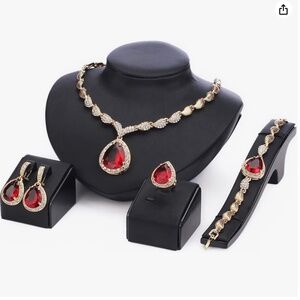 Holiday Party Gold Plated Ruby Red CZ Jewelry Set Crystal Necklace Ring Bracelet